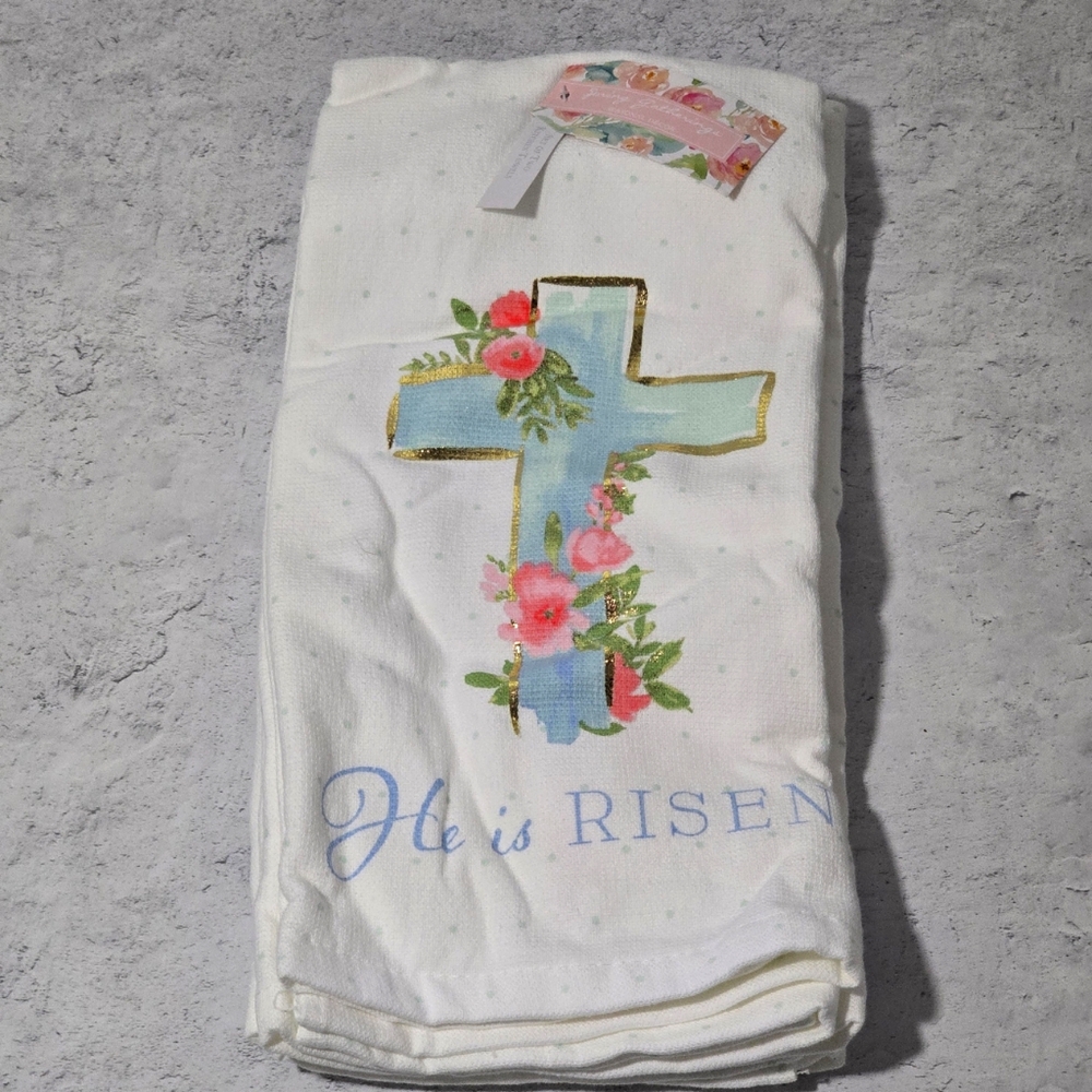 NWT SPRING GATHERINGS White Floral He is Risen Cross Kitchen Towel Set of 2